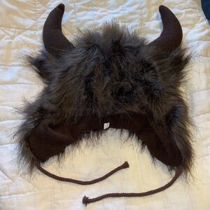 Bull Cow with ears and Horns dark brown faux fur beanie hat. Lined with fleece.